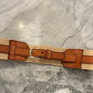 Vintage Saks Fifth Avenue Tan and Brown Leather Woven Belt w/ Brass Buckle, M/L